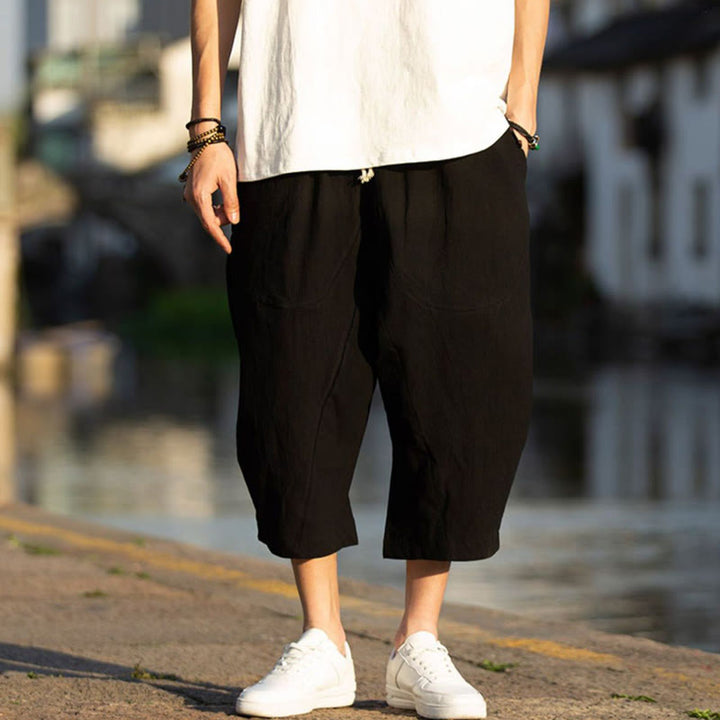 Pantalon d'été en coton et lin avec cordon de serrage et poches pour homme, taille 7-8, motif Buddha Stones