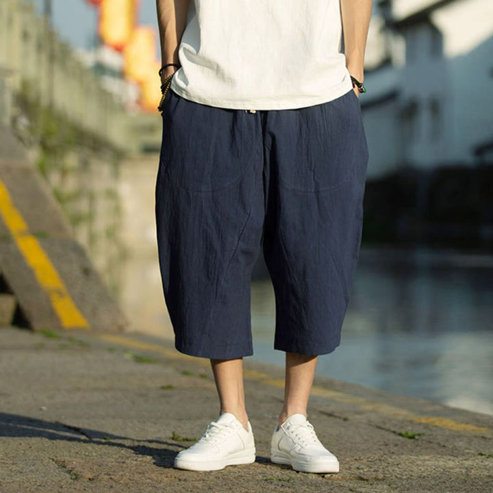 Pantalon d'été en coton et lin avec cordon de serrage et poches pour homme, taille 7-8, motif Buddha Stones