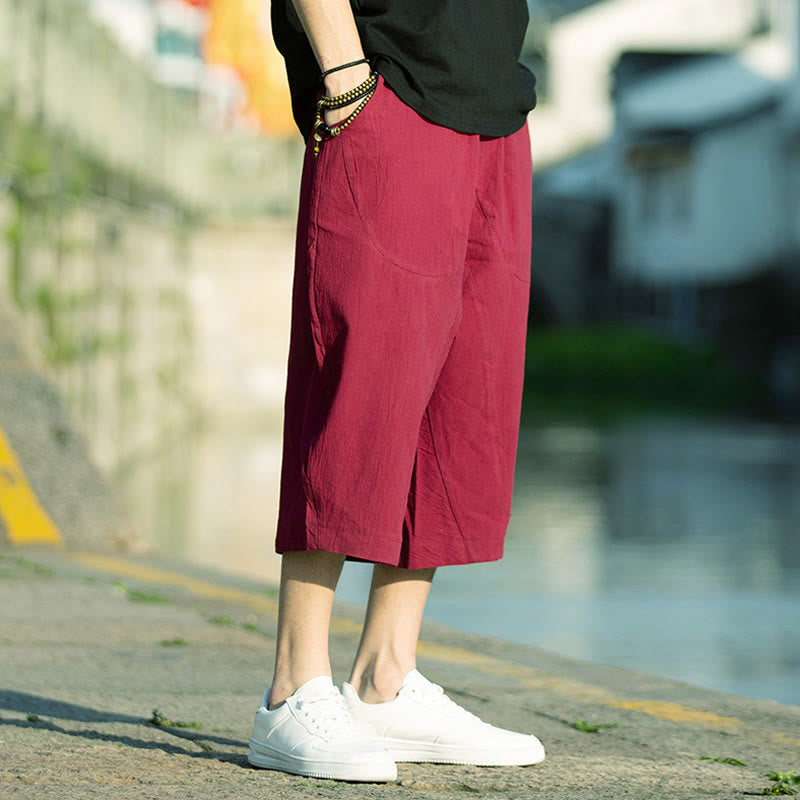 Pantalon d'été en coton et lin avec cordon de serrage et poches pour homme, taille 7-8, motif Buddha Stones