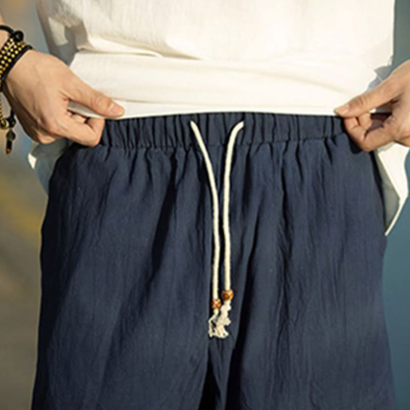 Pantalon d'été en coton et lin avec cordon de serrage et poches pour homme, taille 7-8, motif Buddha Stones