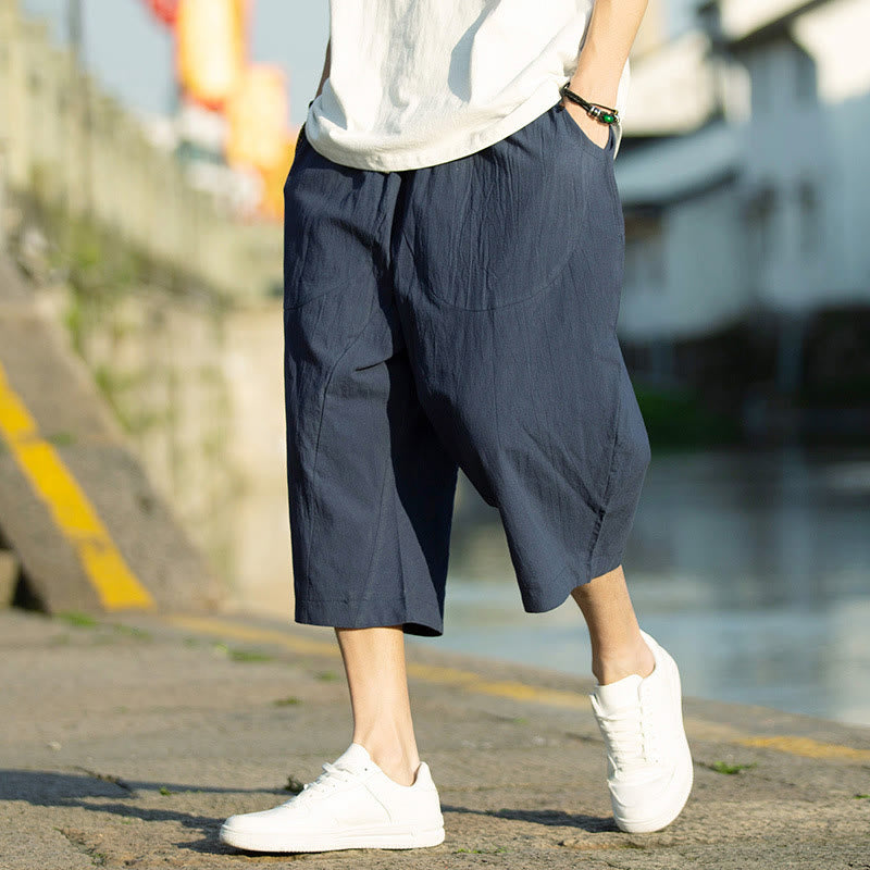Pantalon d'été en coton et lin avec cordon de serrage et poches pour homme, taille 7-8, motif Buddha Stones