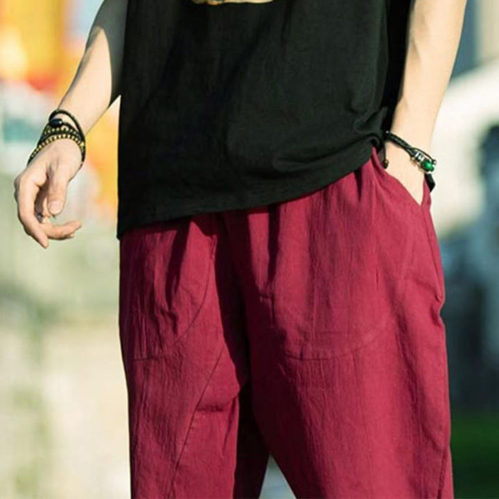 Pantalon d'été en coton et lin avec cordon de serrage et poches pour homme, taille 7-8, motif Buddha Stones