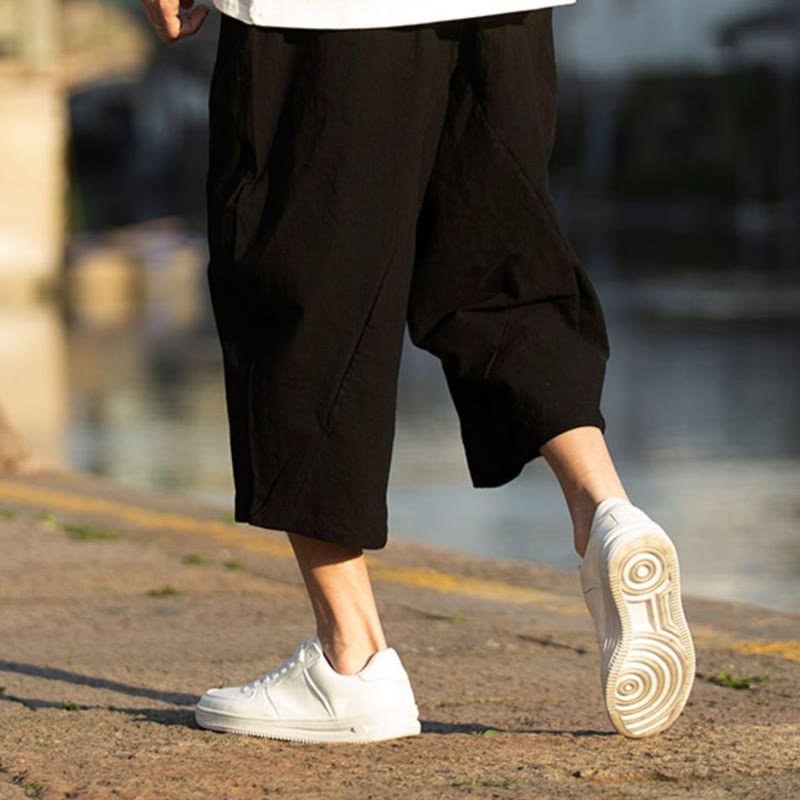Pantalon d'été en coton et lin avec cordon de serrage et poches pour homme, taille 7-8, motif Buddha Stones