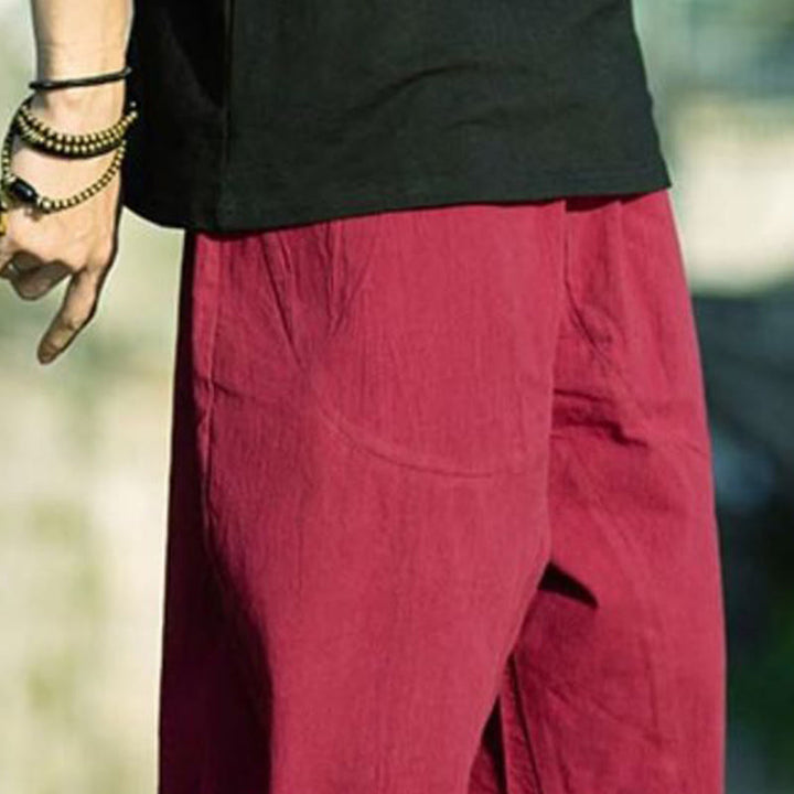 Pantalon d'été en coton et lin avec cordon de serrage et poches pour homme, taille 7-8, motif Buddha Stones