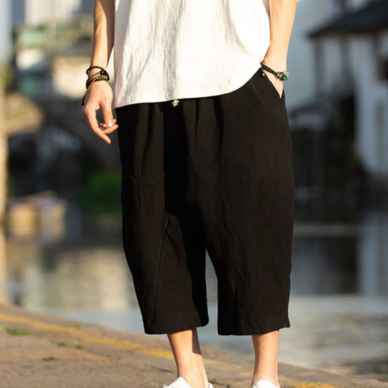 Pantalon d'été en coton et lin avec cordon de serrage et poches pour homme, taille 7-8, motif Buddha Stones