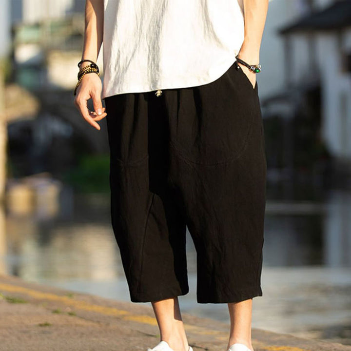 Pantalon d'été en coton et lin avec cordon de serrage et poches pour homme, taille 7-8, motif Buddha Stones