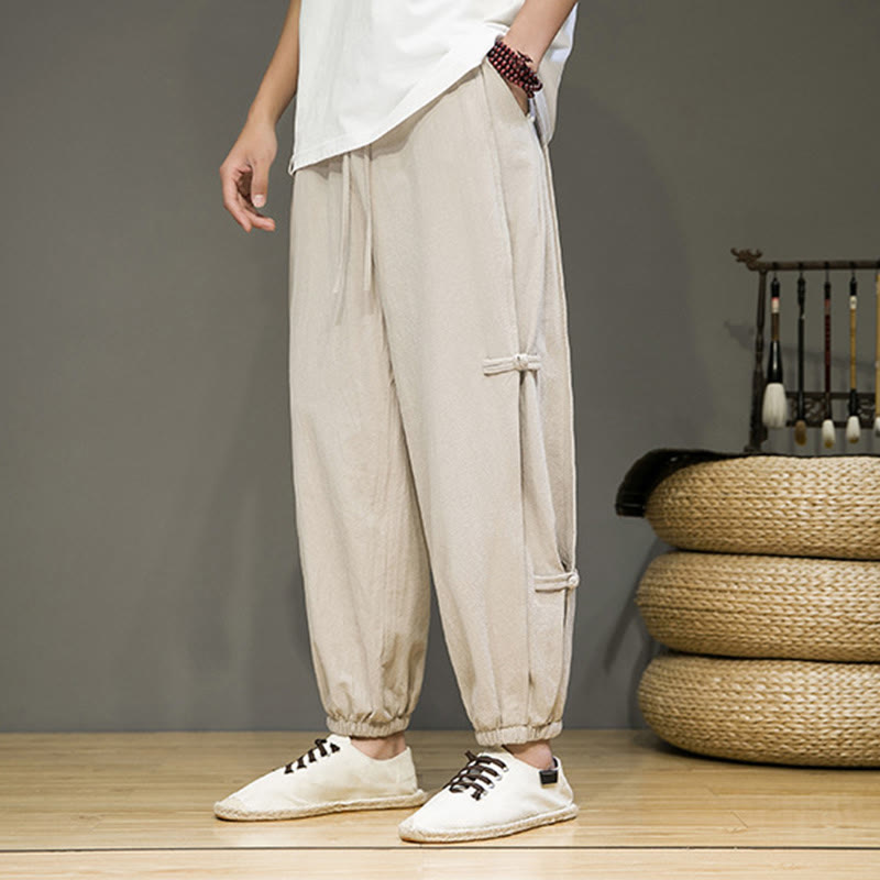 Pantalon harem d'été vintage en coton et lin avec cordon de serrage et boutons grenouille chinois, orné de Buddha Stones , et doté de poches. - Beige - US/UK/AU46，EU56 (5XL) - image 0