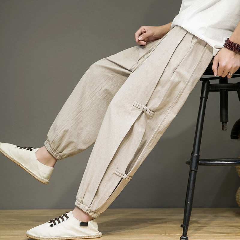 Pantalon Buddha Stones d'été vintage en coton et lin pour homme, avec cordon de serrage, motif grenouille chinoise et boutons, avec poches - image 1