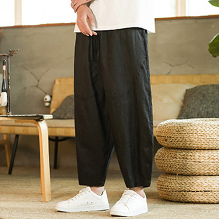 Pantalon Buddha Stones décontracté rétro en lin avec cordon de serrage et taille élastique et poches pour homme, couleur unie, design simple - image 12