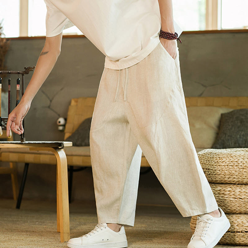 Pantalon Buddha Stones décontracté rétro en lin avec cordon de serrage et taille élastique et poches pour homme, couleur unie, design simple - image 1