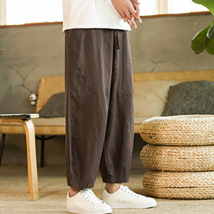 Pantalon Buddha Stones décontracté rétro en lin avec cordon de serrage et taille élastique et poches pour homme, couleur unie, design simple - image 27