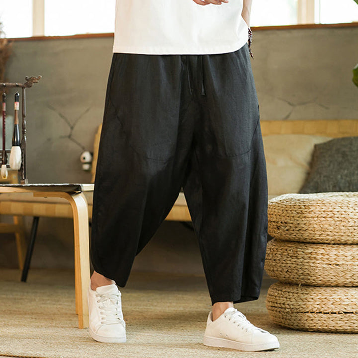 Pantalon Buddha Stones décontracté rétro en lin avec cordon de serrage et taille élastique et poches pour homme, couleur unie, design simple - image 16