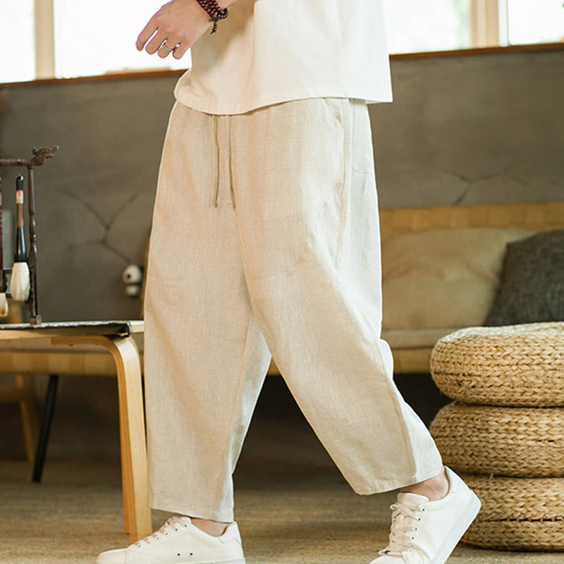 Pantalon Buddha Stones décontracté rétro en lin avec cordon de serrage et taille élastique et poches pour homme, couleur unie, design simple - Beige - US/UK/AU46，EU56 (5XL) - image 0