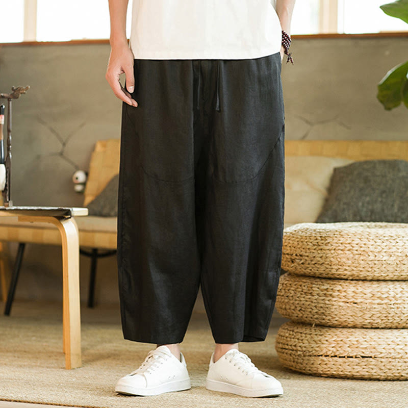 Pantalon Buddha Stones décontracté rétro en lin avec cordon de serrage et taille élastique et poches pour homme, couleur unie, design simple - image 13