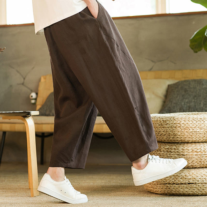 Pantalon Buddha Stones décontracté rétro en lin avec cordon de serrage et taille élastique et poches pour homme, couleur unie, design simple - image 28