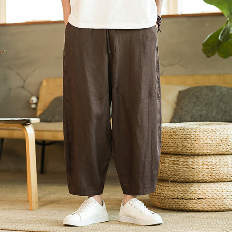 Pantalon Buddha Stones décontracté rétro en lin avec cordon de serrage et taille élastique et poches pour homme, couleur unie, design simple - image 25