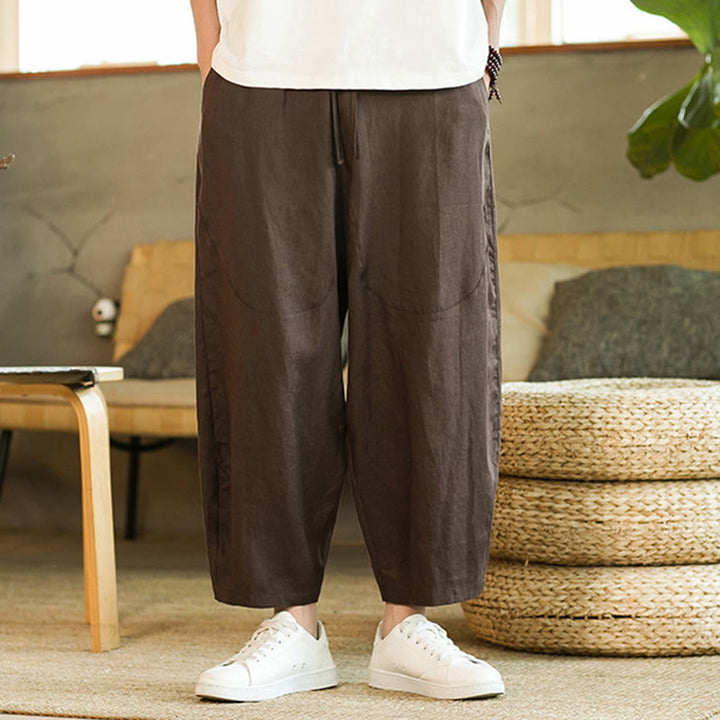 Pantalon Buddha Stones décontracté rétro en lin avec cordon de serrage et taille élastique et poches pour homme, couleur unie, design simple - image 25