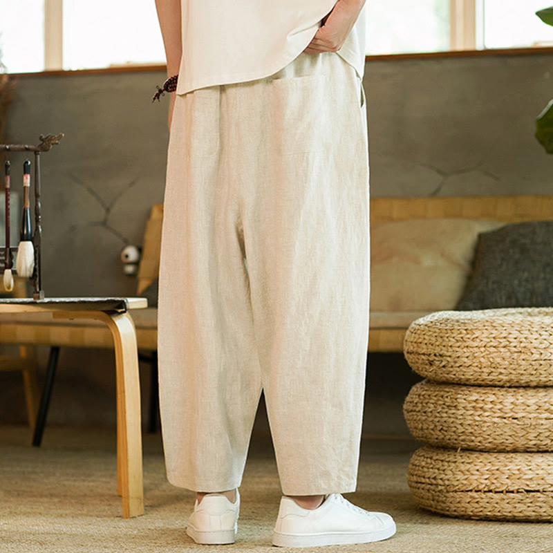 Pantalon Buddha Stones décontracté rétro en lin avec cordon de serrage et taille élastique et poches pour homme, couleur unie, design simple - image 3