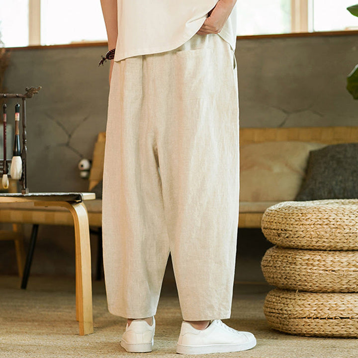 Pantalon Buddha Stones décontracté rétro en lin avec cordon de serrage et taille élastique et poches pour homme, couleur unie, design simple - image 3