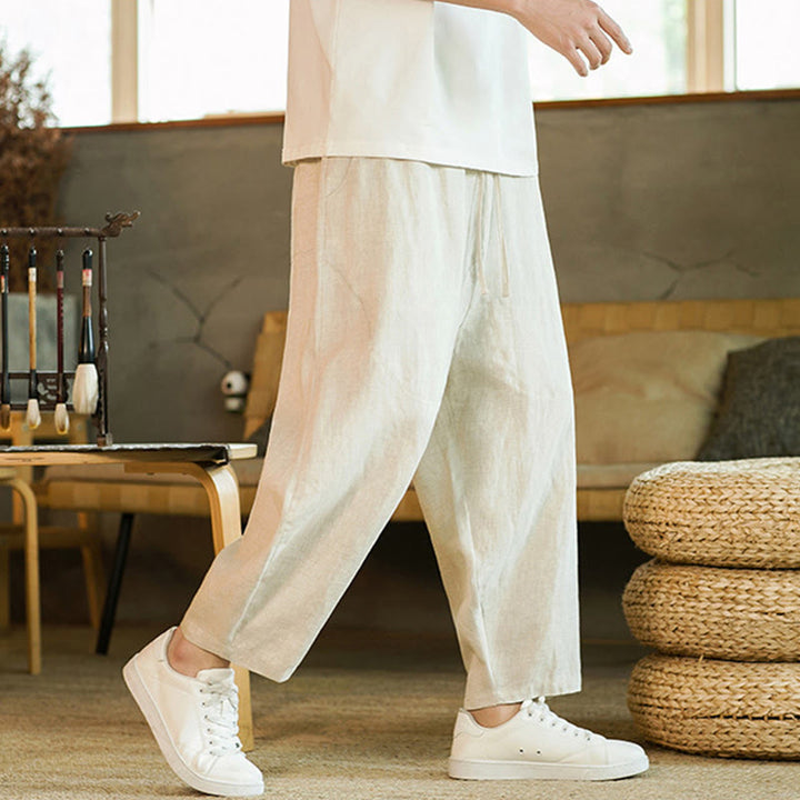 Pantalon Buddha Stones décontracté rétro en lin avec cordon de serrage et taille élastique et poches pour homme, couleur unie, design simple - image 4