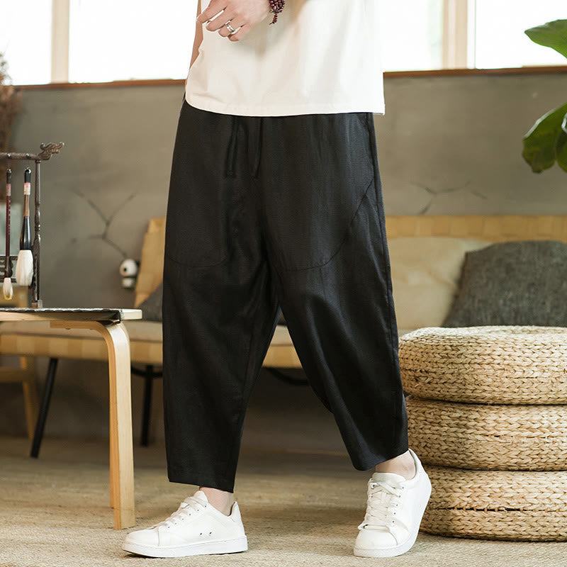 Pantalon Buddha Stones décontracté rétro en lin avec cordon de serrage et taille élastique et poches pour homme, couleur unie, design simple - image 10