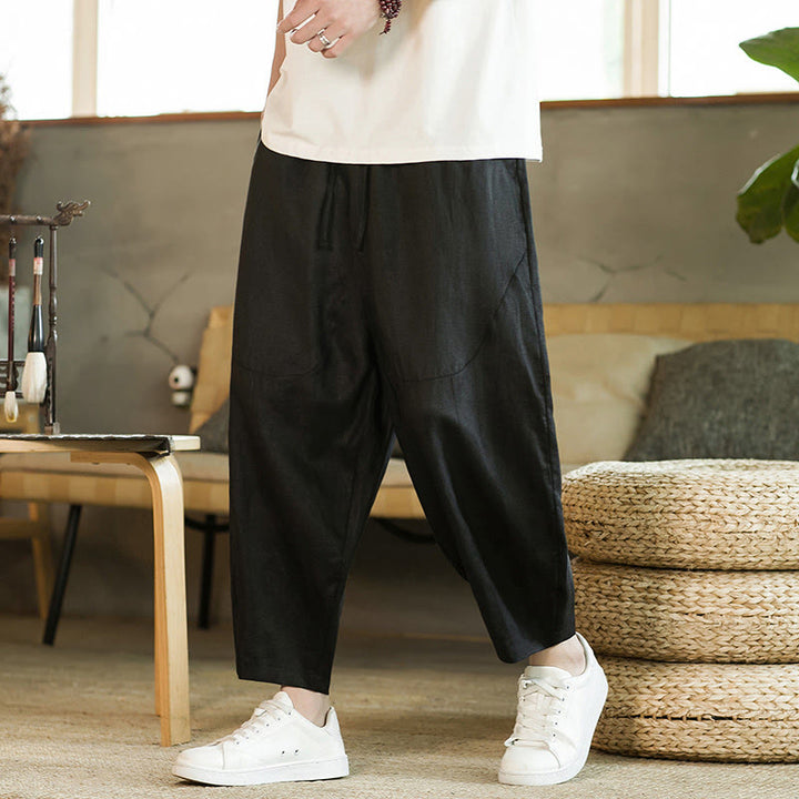 Pantalon Buddha Stones décontracté rétro en lin avec cordon de serrage et taille élastique et poches pour homme, couleur unie, design simple - image 10