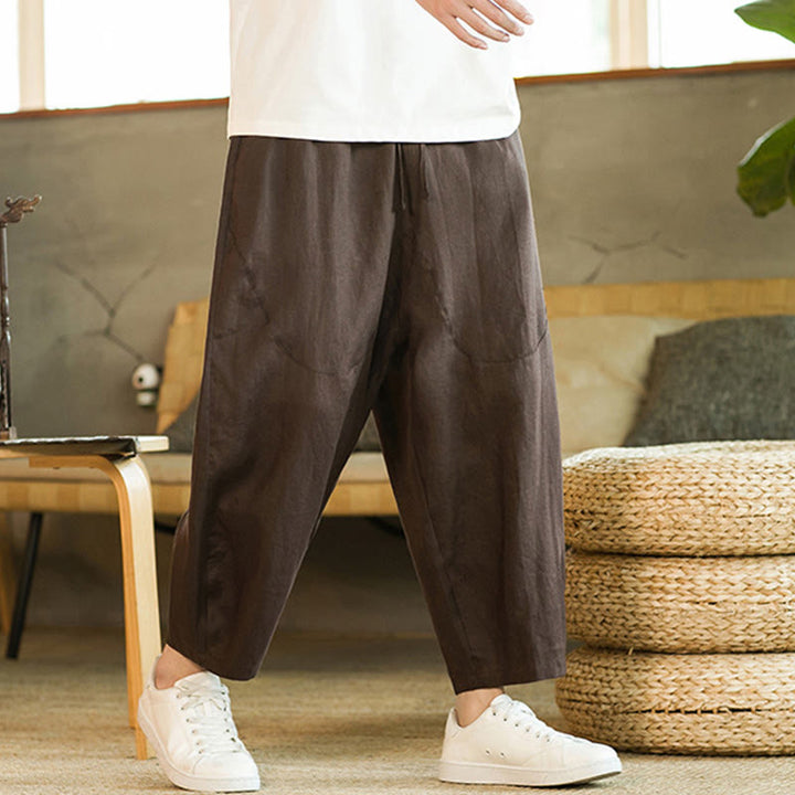 Pantalon Buddha Stones décontracté rétro en lin avec cordon de serrage et taille élastique et poches pour homme, couleur unie, design simple - image 26