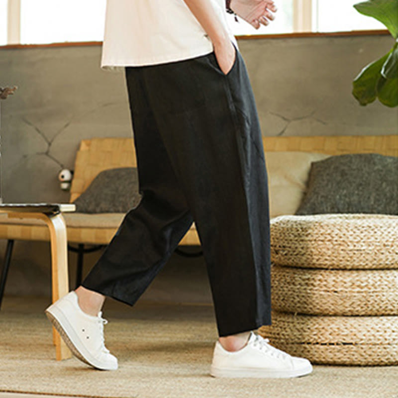 Pantalon Buddha Stones décontracté rétro en lin avec cordon de serrage et taille élastique et poches pour homme, couleur unie, design simple - image 15