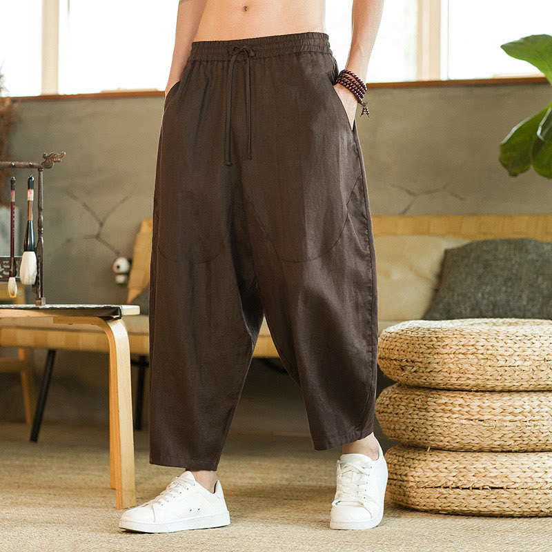Pantalon Buddha Stones décontracté rétro en lin avec cordon de serrage et taille élastique et poches pour homme, couleur unie, design simple - image 29