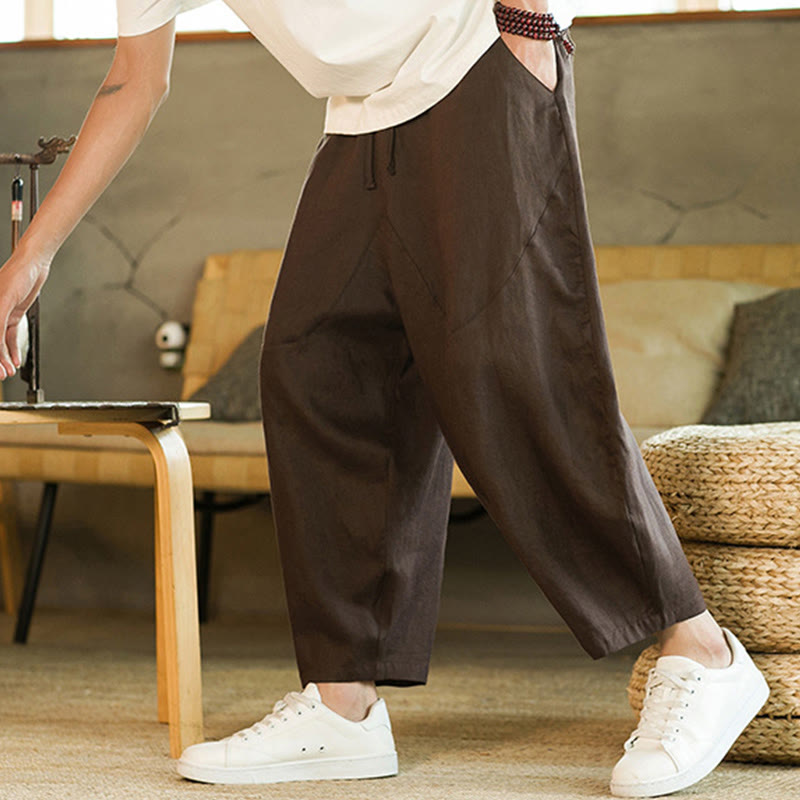 Pantalon Buddha Stones décontracté rétro en lin avec cordon de serrage et taille élastique et poches pour homme, couleur unie, design simple - image 23