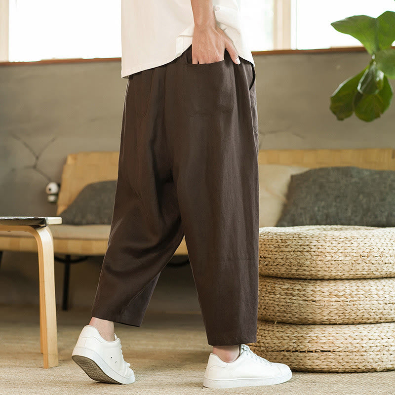 Pantalon Buddha Stones décontracté rétro en lin avec cordon de serrage et taille élastique et poches pour homme, couleur unie, design simple - SaddleBrown - US/UK/AU46，EU56 (5XL) - image 21