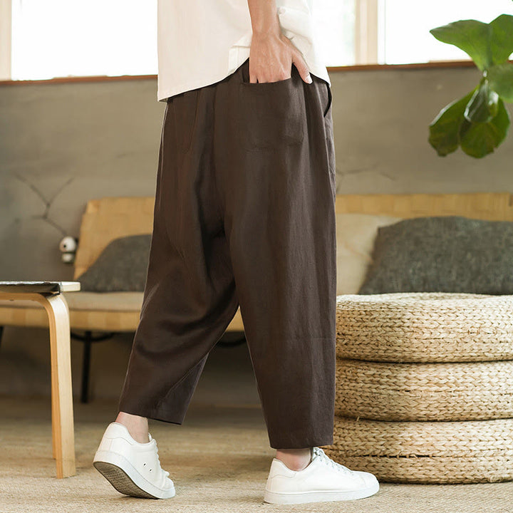 Pantalon Buddha Stones décontracté rétro en lin avec cordon de serrage et taille élastique et poches pour homme, couleur unie, design simple - SaddleBrown - US/UK/AU46，EU56 (5XL) - image 21