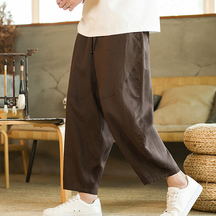 Pantalon Buddha Stones décontracté rétro en lin avec cordon de serrage et taille élastique et poches pour homme, couleur unie, design simple - image 22