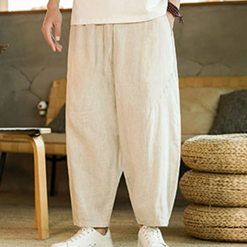Pantalon Buddha Stones décontracté rétro en lin avec cordon de serrage et taille élastique et poches pour homme, couleur unie, design simple - image 7