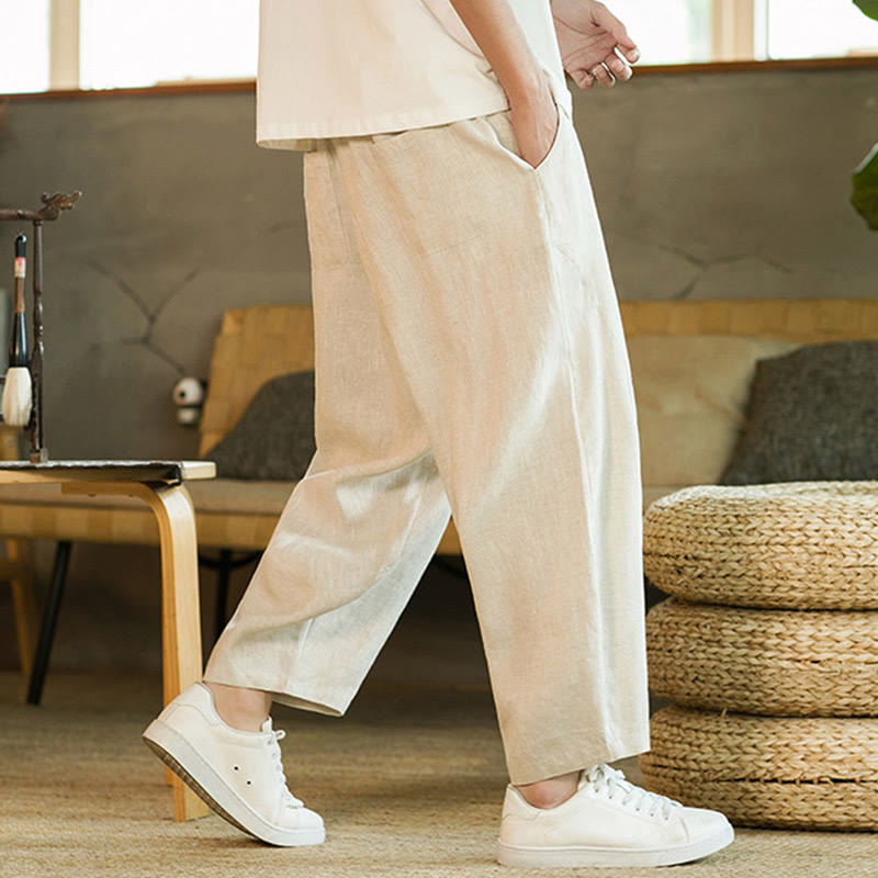 Pantalon Buddha Stones décontracté rétro en lin avec cordon de serrage et taille élastique et poches pour homme, couleur unie, design simple - image 5