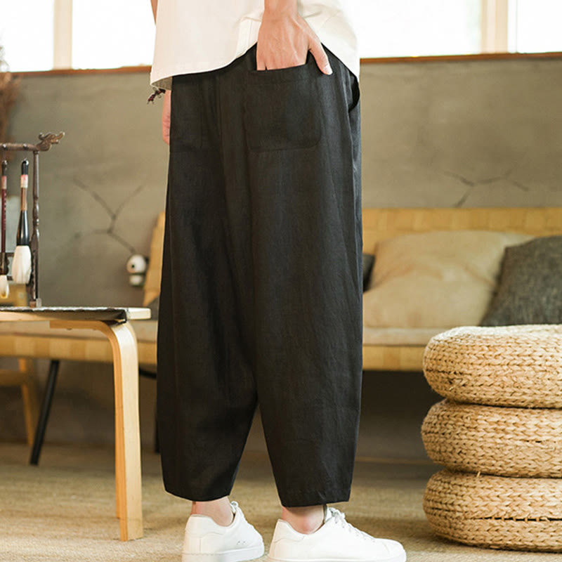 Pantalon Buddha Stones décontracté rétro en lin avec cordon de serrage et taille élastique et poches pour homme, couleur unie, design simple - image 14