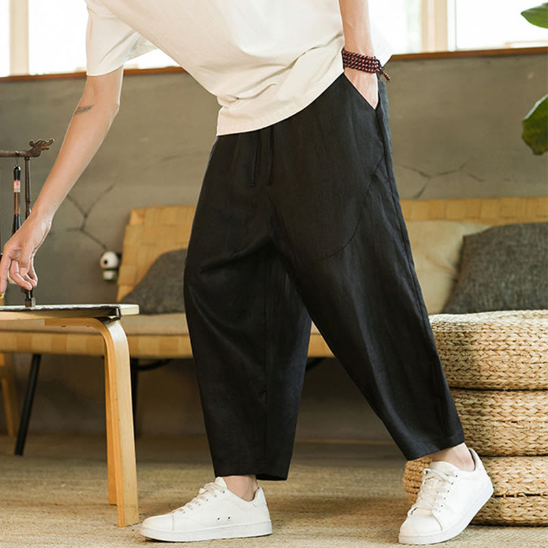 Pantalon Buddha Stones décontracté rétro en lin avec cordon de serrage et taille élastique et poches pour homme, couleur unie, design simple - image 11