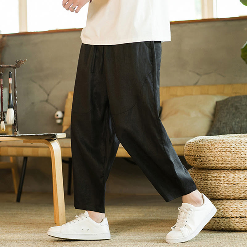Pantalon Buddha Stones décontracté rétro en lin avec cordon de serrage et taille élastique et poches pour homme, couleur unie, design simple - image 9