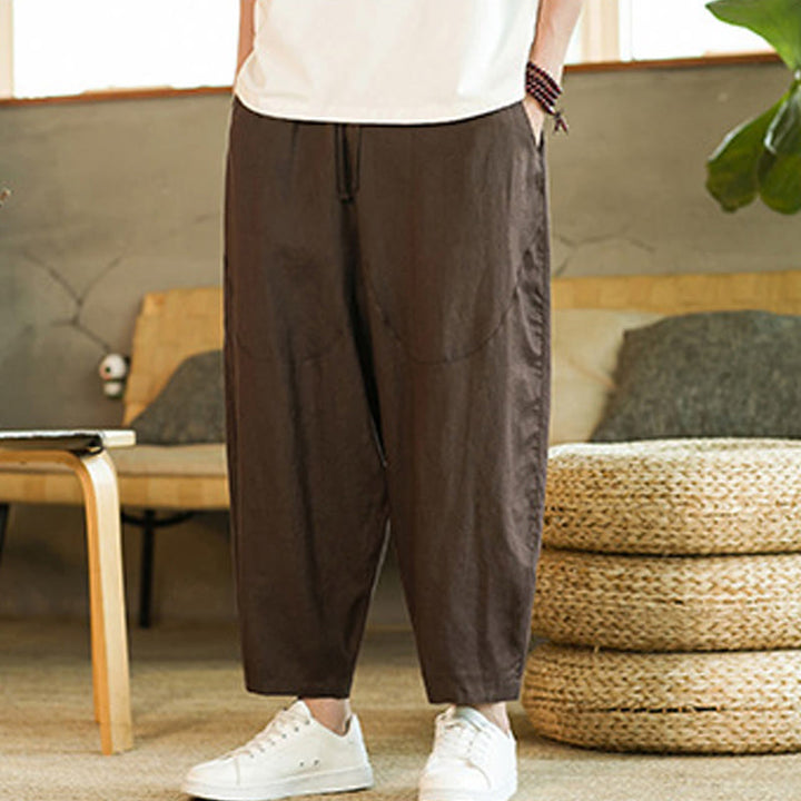 Pantalon Buddha Stones décontracté rétro en lin avec cordon de serrage et taille élastique et poches pour homme, couleur unie, design simple - image 24
