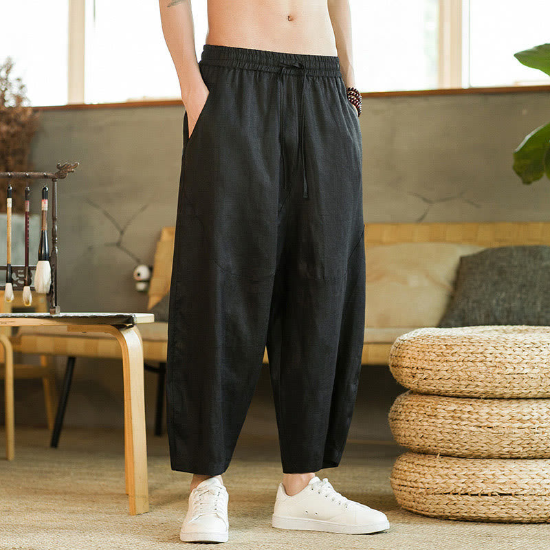 Pantalon Buddha Stones décontracté rétro en lin avec cordon de serrage et taille élastique et poches pour homme, couleur unie, design simple - Noir - US/UK/AU46，EU56 (5XL) - image 8