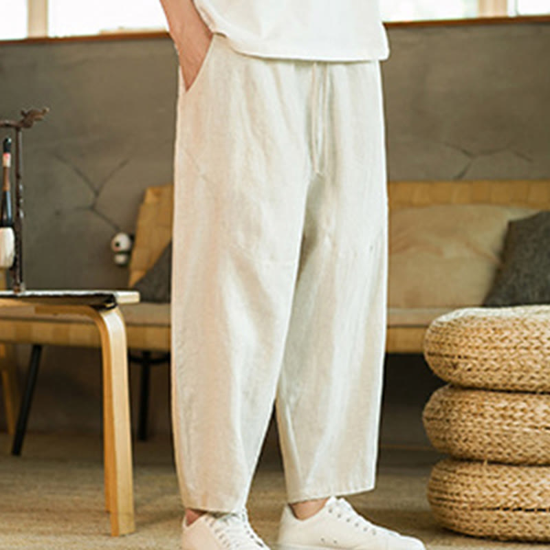 Pantalon Buddha Stones décontracté rétro en lin avec cordon de serrage et taille élastique et poches pour homme, couleur unie, design simple - image 2