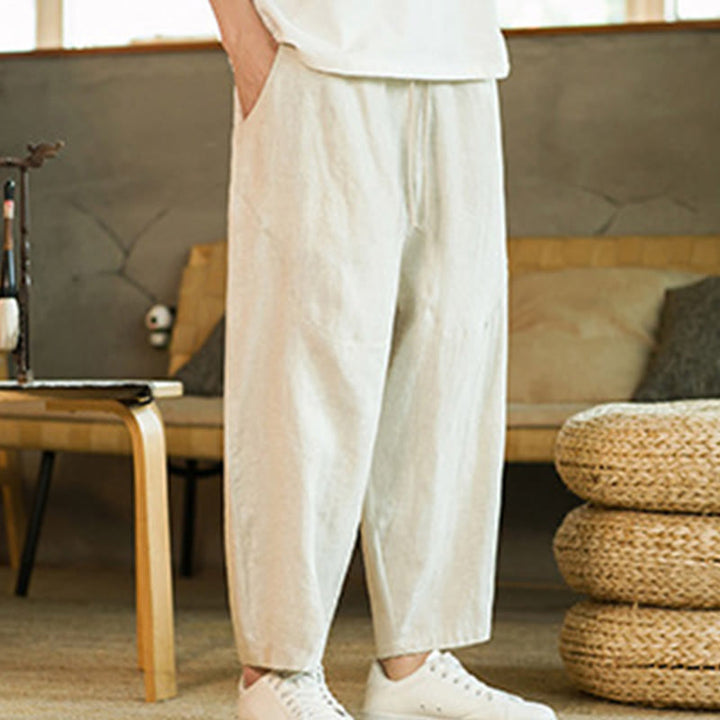 Pantalon Buddha Stones décontracté rétro en lin avec cordon de serrage et taille élastique et poches pour homme, couleur unie, design simple - image 2