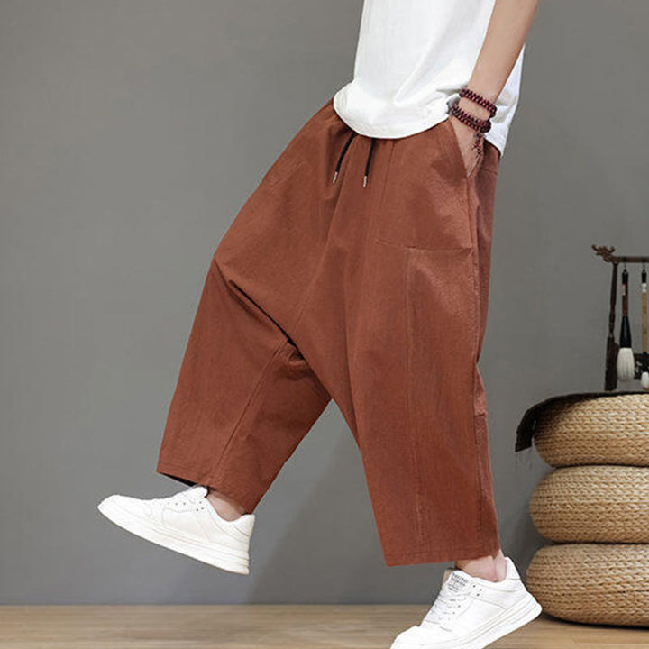 Pantalon Buddha Stones uni à entrejambe bas avec cordon de serrage et taille élastique en coton pour homme, jambes larges et poches