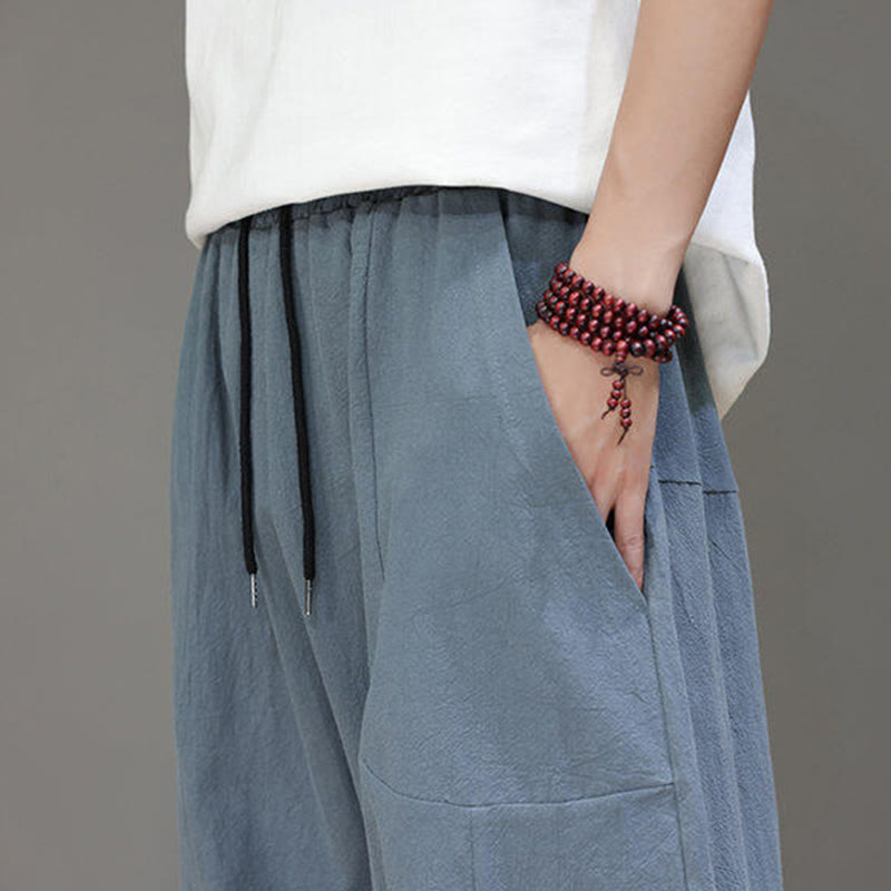 Pantalon Buddha Stones uni à entrejambe bas avec cordon de serrage et taille élastique en coton pour homme, jambes larges et poches