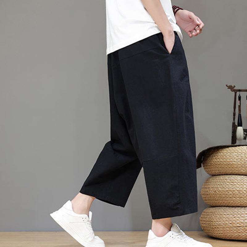 Pantalon Buddha Stones uni à entrejambe bas avec cordon de serrage et taille élastique en coton pour homme, jambes larges et poches - image 18