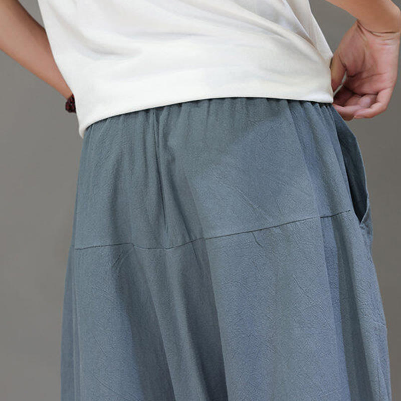 Pantalon Buddha Stones uni à entrejambe bas avec cordon de serrage et taille élastique en coton pour homme, jambes larges et poches
