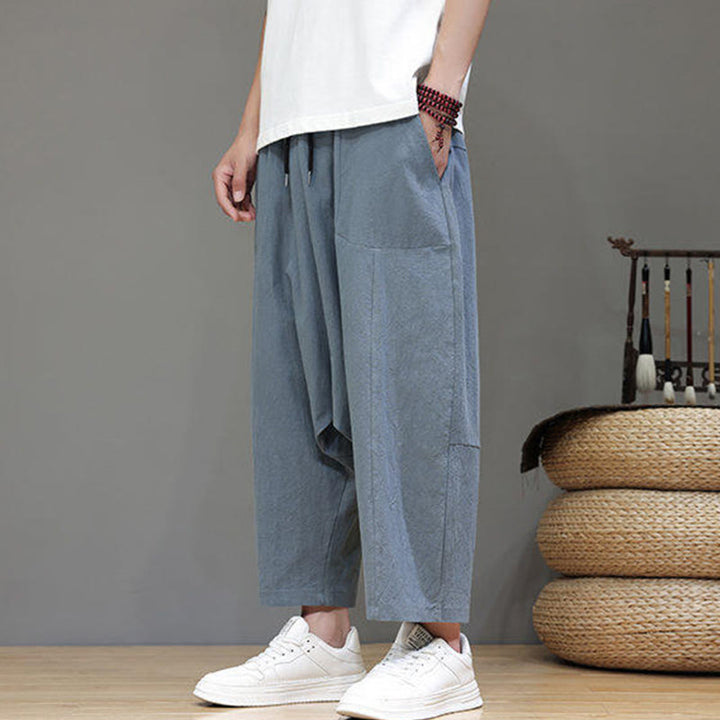 Pantalon Buddha Stones uni à entrejambe bas avec cordon de serrage et taille élastique en coton pour homme, jambes larges et poches