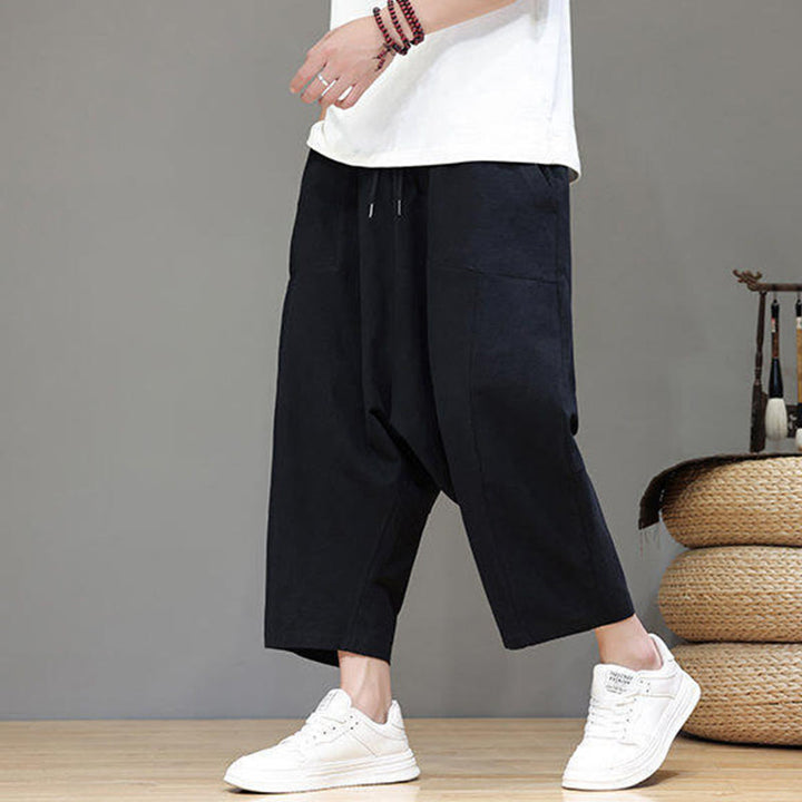 Pantalon Buddha Stones uni à entrejambe bas avec cordon de serrage et taille élastique en coton pour homme, jambes larges et poches