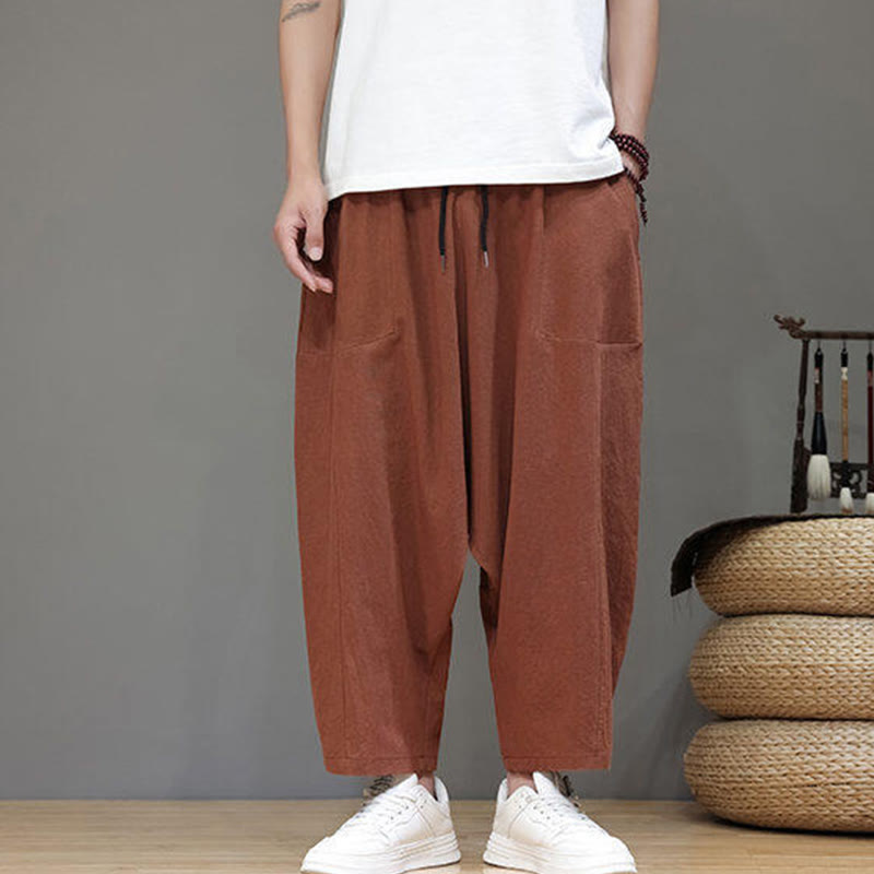 Pantalon Buddha Stones uni à entrejambe bas avec cordon de serrage et taille élastique en coton pour homme, jambes larges et poches - Chocolat - US/UK/AU46，EU56 (5XL) - image 22