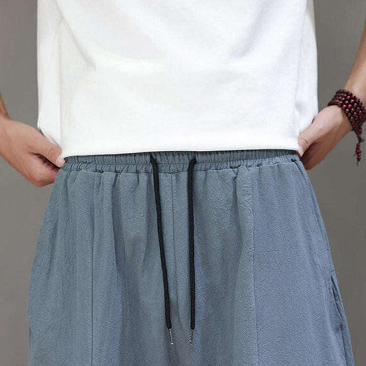 Pantalon Buddha Stones uni à entrejambe bas avec cordon de serrage et taille élastique en coton pour homme, jambes larges et poches - image 10